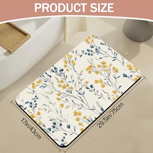 Blue Leaves Bath Mat,Yellow Berries Diatomaceous Earth Bath Mat,Rubber Backing Quick Dry Absorbent Washable Bathroom Rugs for Tub Non Slip 17"x29.5" - color: Blue Leaves,yellow Berries