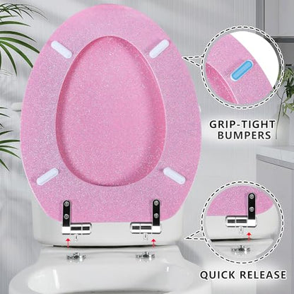 Angol Shiold Glitter Toilet Seat Molded Wood Elongated Toilet Seat with Quietly Close and Quick Release Hinges, Easy to Clean also Easy to Install (Elongated 18.5'', Pink) - color: Pink, size: Elongated 18.5‘’