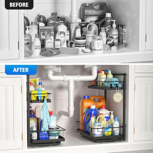 WOWBOX 1 Pack Under Sink Organizer 2 Tier Slide Out Cabinet Organizer | Slide Out Drawer, Under Sink Organizers and Storage, Metal Organizing Rack for Kitchen, Bathroom, Pantry