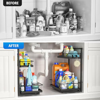 WOWBOX 1 Pack Under Sink Organizer 2 Tier Slide Out Cabinet Organizer | Slide Out Drawer, Under Sink Organizers and Storage, Metal Organizing Rack for Kitchen, Bathroom, Pantry