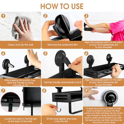 Suction Cup Shower Caddy with 5 Hooks & Towel Rrack 15.7inch Black | No Drilling Shower Organizer with Large Capacity, Rust-resistant Bathroom Organizer, Heavy Duty Shower shelves for Bathroom - size: 15.7 inches(US)