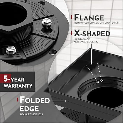 6 Inch Square Shower Drain Black Floor Drain with Flange Square Holes Pattern Cover Grate Removable SUS304 Stainless Steel Watermark&CUPC Certified Matte Black - color: Matte Black, size: 6 Inch