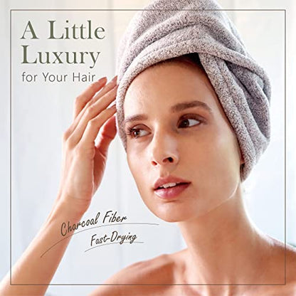 myHomeBody Hair Towel Wrap, Quick Drying Turban, Absorbent Cap – 2 Pack | Hair Turban Towel for wet hair, Ultra Soft Charcoal Fiber Cap, Towel Head Wrap for bathing with Coconut Shell Button - color: Grey, Grey