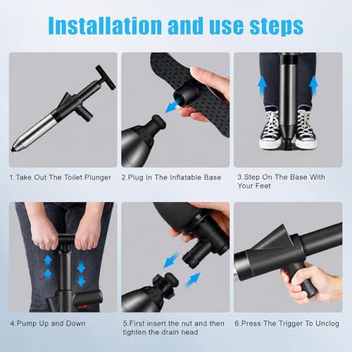 Fast Toilet Plunger High Pressure with Storage Bag, Heavy Duty Air Drain Blaster & Unclogger Tool, Clog Remover Kit & Toilet Snake Alternative for Bathroom, Toilets, Sinks, Tubs, Pipes (Black) - size: Toilet plunger-Black