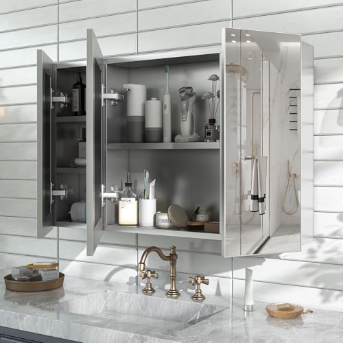 40 x 28 Silver Medicine Cabinet, Aluminum Mirror Medicine Cabinet for Bathroom, Pre-Assembled Recessed/Surface-Mounted Medicine Cabinet, Tempered Frameless Mirror - color: Silver, size: 40 x 28