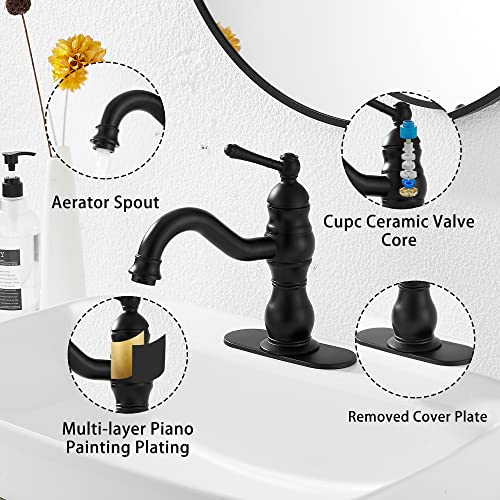 Matte Black Bathroom Faucet GGStudy 360° Swivel Bathroom Vanity Faucet Single Handle One Hole Black Bathroom Sink Faucet Basin Matching Pop Up Drain with Overflow - color: Black, size: Short