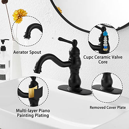 Matte Black Bathroom Faucet GGStudy 360° Swivel Bathroom Vanity Faucet Single Handle One Hole Black Bathroom Sink Faucet Basin Matching Pop Up Drain with Overflow - color: Black, size: Short