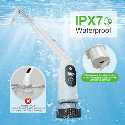 Electric Spin Scrubber, Bathroom Scrubber with Aluminum Alloy Handle | 3H Work Time, Cordless Cleaning Brush with 3-Speed, IPX7 Waterproof, 8 Brush Heads for Tile, Tub, Floor, Toilet, Grout