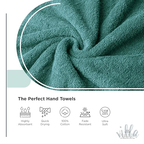 Villa Celestia Cotton Hand Towels Set of 4, 16 x 28, Oeko-TEX Certified, Quick Dry, Teal - color: Teal, size: Hand Towel - Pack of 4