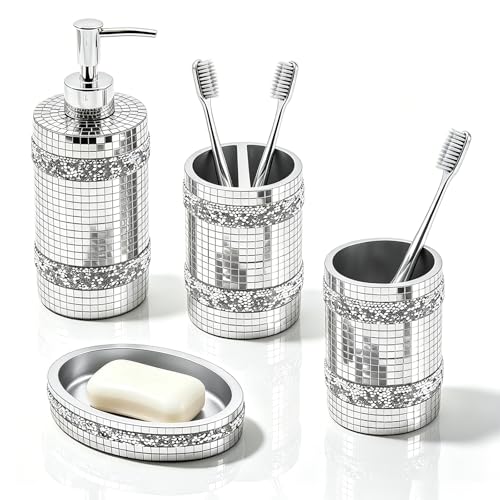 Silver Bathroom Accessories Set, Mosaic Decoration 4-piece Set | Deluxe silver mosaic bathroom 4-piece set,including soap dispenser,soap tray,toothbrush cup,partitioned toothbrush holder - size: 4 Pc Set