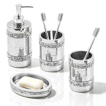 Silver Bathroom Accessories Set, Mosaic Decoration 4-piece Set | Deluxe silver mosaic bathroom 4-piece set,including soap dispenser,soap tray,toothbrush cup,partitioned toothbrush holder - size: 4 Pc Set