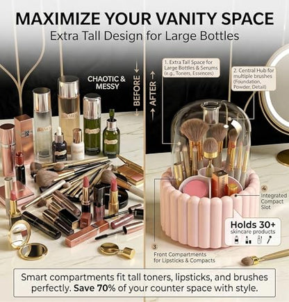 Makeup Brush Holder with Dustproof Lid, 360 Rotating Makeup Organizer for Vanity, 7 Slots Large Capacity Spinning Cosmetic Brushes Storage Box for Dresser, Bathroom Countertop, Pink