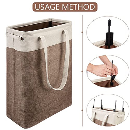 Laundry Basket with Handles Beige&Brown Slim Laundry Bin Collapsible Dirty Clothes Basket Narrow Laundry Bag Foldable Dirty Hamper for Camping, Dorms, Apartments - color: Beig&Brown