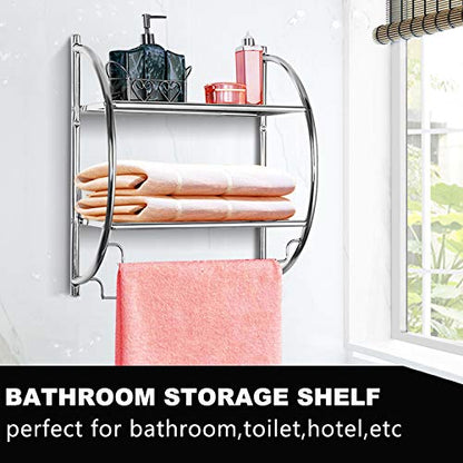 Wall Mounted Bathroom Shelf with Towel Bars,2 Tier Towel Rack, Rustproof Chrome Wall Storage Shelves for Home Bathroom Toilet