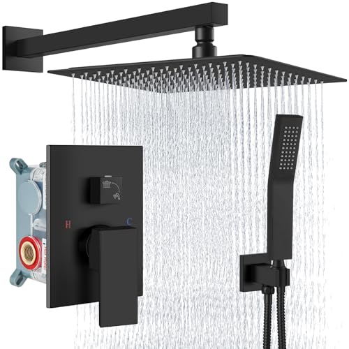 Aolemi Shower Faucet Set with Handheld Matte Black 16 Inch Head | Pressure Balance Shower Valve and Trim Kit,SUS304 Rain Head and Handle System,All Metal,Wall Mount,Bathroom,Handheld Spray - color: Black, size: 16 Inch Wall Mount Shower Head