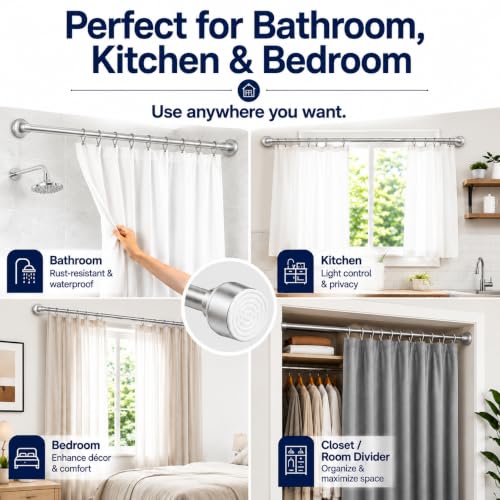 Adjustable Shower Curtain Rod - Rust Free Shower Rods 26-78 Inches | Extendable No Drill Curtain Rod, Heavy Duty Tension Rod for Hanging Home, Bedroom, Closet & Showers Curtains - color: Silver