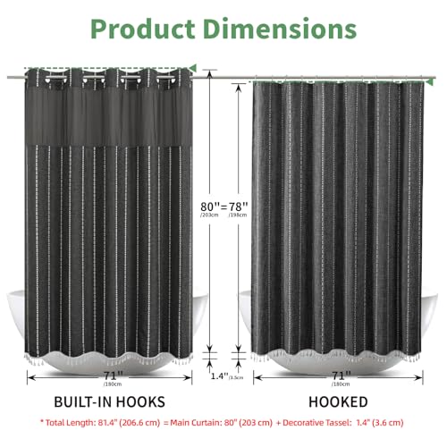 eachope No Hook Long Shower Curtain Set with Snap-in Fabric Liner,Linen Textured Thick Striped Fabric with Tassels,Boho Farmhouse Rustic Luxury Bathroom Curtain,Water-Repellent,Charcoal Grey,71x80 | 230GSM Thick Fabric,Hotel Luxury Decor,Mesh Top Window,W