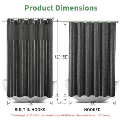 eachope No Hook Long Shower Curtain Set with Snap-in Fabric Liner,Linen Textured Thick Striped Fabric with Tassels,Boho Farmhouse Rustic Luxury Bathroom Curtain,Water-Repellent,Charcoal Grey,71x80 | 230GSM Thick Fabric,Hotel Luxury Decor,Mesh Top Window,W