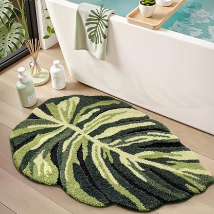 LUMI Cute Bathroom Rug Green Leaf, Absorbent Non Slip Bath Mat, 32"x48" | Dark Monstera Plant, Soft Plush Microfiber, Quick Dry, Washable for Shower Floor, Sink Bathtub, Bedroom, Kids Room - color: Dark Monstera-large