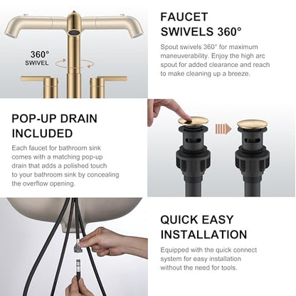 Champagne Bronze Pull Down Centerset Bathroom Faucet 3 Hole 2 Handle | Pull Out Bathroom Faucet with Pop Up Drain & Supply Lines, Lead-Free cUPC & NSF Certified, 4 Inch Faucet for Vanity RV Sink - color: Champagne Bronze