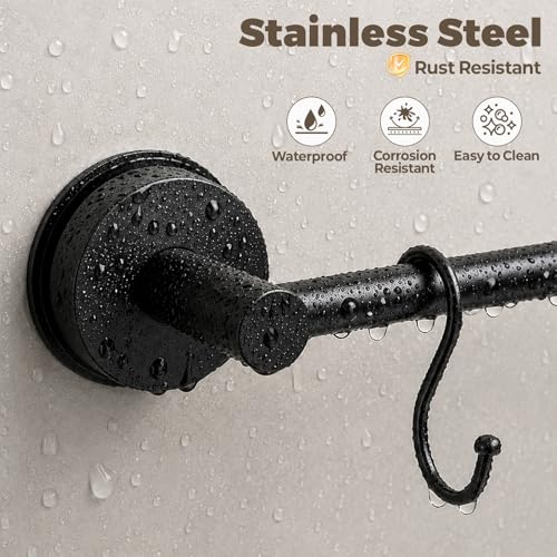 Adjustable Suction Cup Towel Bar – Towel Racks for Bathroom, 13.6-25 Inch, Stainless Steel Bathroom Towel Holder with 4 S Hooks, No Drill for Kitchen, Shower & Smooth Surfaces – Black - color: Black