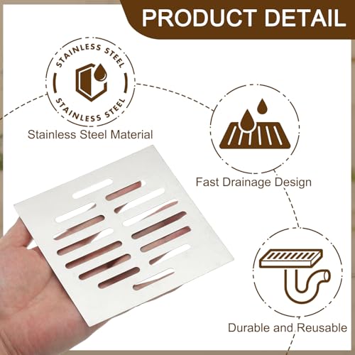 uxcell 2 Pcs Square Floor Drain Cover, Stainless Steel Shower Hair Catcher Drain Grate for Small Lawns, Bathroom Covers, Kitchen Floor Drains, Silver Tone(5 Inches) - size: 5 Inches