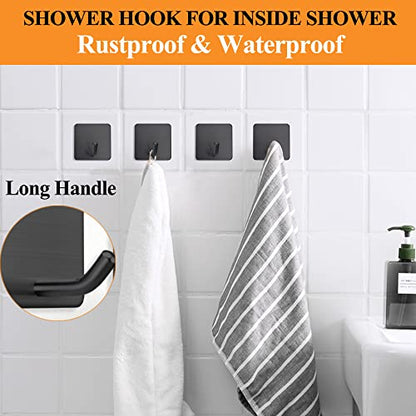 Adhesive Towel Hooks No Drill Wall Hooks Stick on Wall Hangers Shower Hooks for Inside Shower Bathrooms Kitchen Door Black -4 Packs - color: Black
