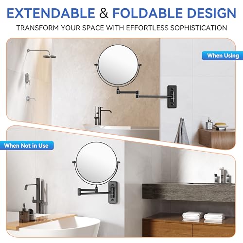 Auxmir 8" Double-Sided Wall-Mounted Makeup Mirror, 1X/30X Magnifying Mirror | stainless steel, 13-inch extendable swivel arm, 360°shaving rotation, bathroom makeup mirror, tweezers, Black - color: Black-1x/30x