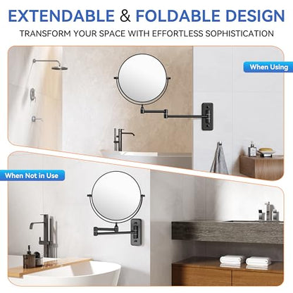 Auxmir 8" Double-Sided Wall-Mounted Makeup Mirror, 1X/30X Magnifying Mirror | stainless steel, 13-inch extendable swivel arm, 360°shaving rotation, bathroom makeup mirror, tweezers, Black - color: Black-1x/30x