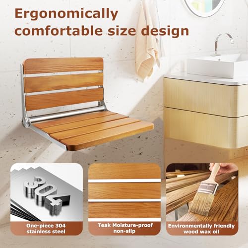 Foldable Shower Seat Wall Mounted 16 in Wide, Teak Bench for Small Shower | Foldable Design, Shower Use - size: 16INCH