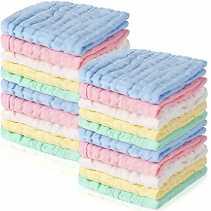 20 Pcs Baby Muslin Washcloth 12 x 12 Inch 100% Cotton Soft and Absorbent Muslin Washcloth Burp Cloth Wipe Newborn Face Towel for Baby Boy Girl Sensitive Skin (Blue, White, Green, Yellow, Pink) - color: Blue, White, Green, Yellow, Pink