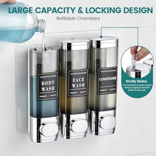 Shampoo and Conditioner Dispenser,Shower Soap Dispenser 3 Chamber No Drill | Wall-Mounted Shampoo Dispenser for Shower Wall Mounted Shower Dispenser for Bathroom Hotel Large Capacity, Chrome - color: 3chrome