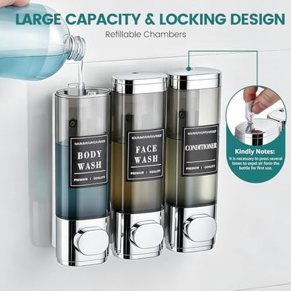 Shampoo and Conditioner Dispenser,Shower Soap Dispenser 3 Chamber No Drill | Wall-Mounted Shampoo Dispenser for Shower Wall Mounted Shower Dispenser for Bathroom Hotel Large Capacity, Chrome - color: 3chrome