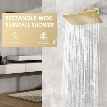 12 x 8 Inch Rectangle Rain Shower Head Brushed Gold, All Metal Stainless Steel 304, Full Body Rainfall Shower with 112 Silicone Nozzles, High Flow Waterfall Showerheads - color: Brushed Gold, size: 12 x 8 Inch Rectangle