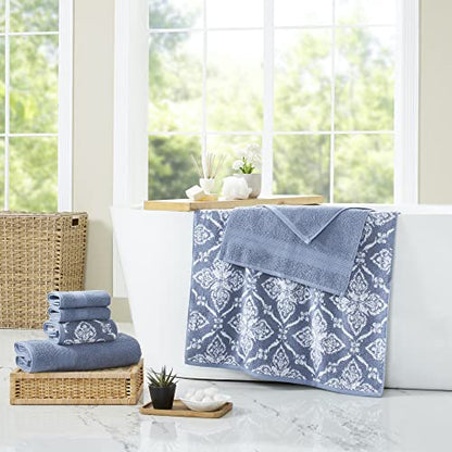 Modern Threads Amaris 6-Piece Reversible Yarn Dyed Jacquard Towel Set - Bath Towels, Hand Towels, & Washcloths - Super Absorbent & Quick Dry - 100% Combed Cotton, Denim - color: Denim, size: Small, style: Bohemian