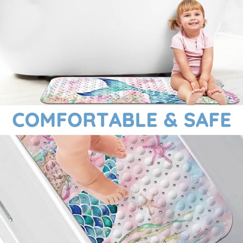 Bathtub Mats for Kids, Pink Mermaid Bath Mat for Tub Non Slip, 40 X 16 Inch Large Washable Bathtub Mat Non Slip for Showers with Drain Holes and Suction Cups - color: Pink Mermaid