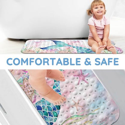 Bathtub Mats for Kids, Pink Mermaid Bath Mat for Tub Non Slip, 40 X 16 Inch Large Washable Bathtub Mat Non Slip for Showers with Drain Holes and Suction Cups - color: Pink Mermaid