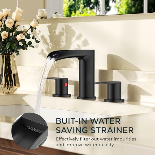 FORIOUS Bathroom Faucet 3 Hole Widespread Sink 8 Inch 2 Handle Matte Black | 3-hole 6-12 Inch Widespread Sink, Waterfall Faucets, with Drain and Hoses,for Vanity Rv Commercial Lavatory Restroom Basin - color: Matte Black