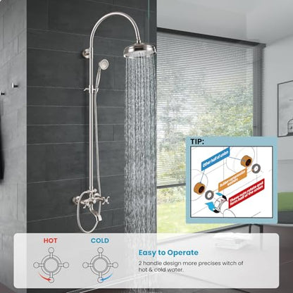 gotonovo Exposed Shower Faucet Set with Tub Spout Brushed Nickel | Brass Bathroom Shower System,8 Inch Rainfall Head with Handheld Spray and Tub Filler,Adjustable Height,6’’ Hole Distance - color: Nickel
