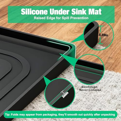 Aisslro Under Sink Mat 25" X 19", Waterproof Silicone Under Sink Mats for Kitchen, Anti-Leak Shelf Liner & Cabinet Protector with Raised Edge, [BPA Free] Bathroom Tray Home Organizer, Black | BPA-Free Raised-Edge Cabinet Protector & Leak Tray for Bathroom