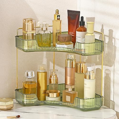 Aveniee Corner Bathroom Counter Organizer, Bathroom Countertop Shelf Makeup Organizer for Vanity Perfume Tray for Corner Storage (2 Tiers, Green) - color: Gem Green, size: 2 Tier