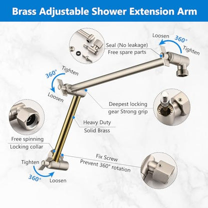 PDPBath Brass 16 Inch Shower Head Extension Arm, Upgrade Flexible Height & Angle Adjustable Shower Arm Extender with Lock Joints, for Fixed Shower Head & Handheld Shower Head, Brushed Nickel - color: Brushed Nickel, style: 6 Inch + 10 Inch