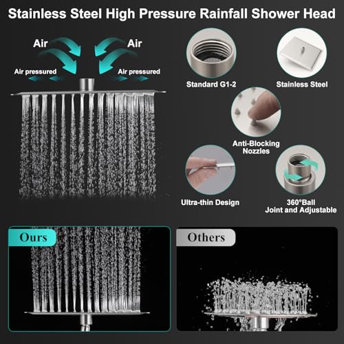 All Metal 12 Inch Rain Shower Head with Handheld Spray Combo, High Pressure Waterfall Rainfall Square Shower Heads with 16" Adjustable Extension Arm, Dual Showerhead with 3-Way Diverter,Brushed Nickel - color: Brushed Nickel, size: 12 Inch