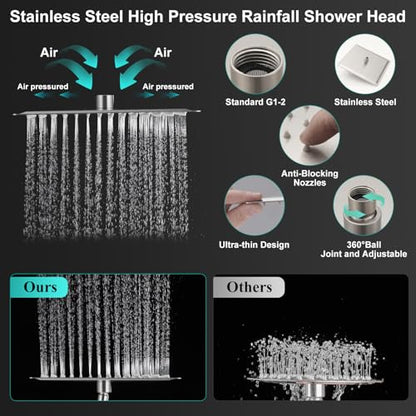 All Metal 12 Inch Rain Shower Head with Handheld Spray Combo, High Pressure Waterfall Rainfall Square Shower Heads with 16" Adjustable Extension Arm, Dual Showerhead with 3-Way Diverter,Brushed Nickel - color: Brushed Nickel, size: 12 Inch