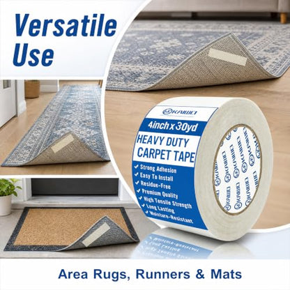 Heavy Duty Carpet Tape 4 Inch x 30 Yards, Extra Wide Double Sided Rug Gripper for Hardwood Floors, Strong Adhesive Non-Slip Tape for Area Rugs, Runners & Mats, High Tack & Durable Hold