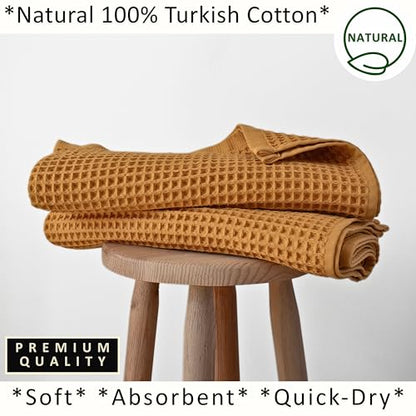 PÜSKÜL 2-Piece Natural 100% Turkish Cotton Waffle Bath Towels Extra-Large | Mustard, 32x63" Bath Sheet Towel, Light Soft Absorbent Quick-Dry Lint-Free Premium Honeycomb Weave Oeko-Tex Made in Turkiye - color: Mustrad Yellow, size: Bath Towels - Pack of 2