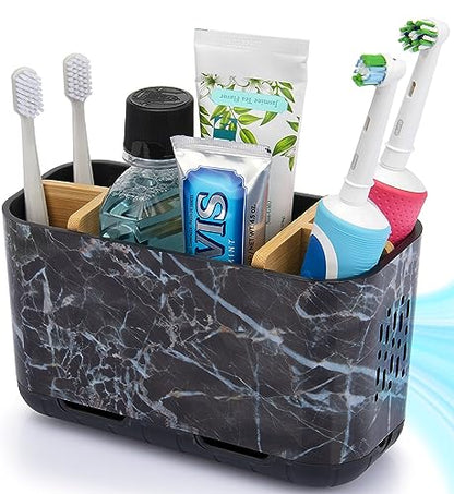 GFWARE Marble Toothbrush Holders with Drainage, Bathroom Organizer, Large | 5 Slots Toothbrush and Toothpaste Holder with Bamboo Divider, Kids Electric Toothbrush Holder for Bathroom, Marble-Look - color: Marble-l