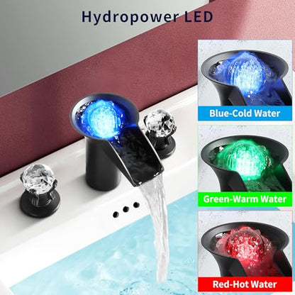 SKOWLL Bathroom Sink Faucet Waterfall, Free Floating Crystal Ball with LED Light, Modern 8 inch Widespread Bathroom Faucet 3 Hole with Dual Handle, Matte Black - color: Matte Black