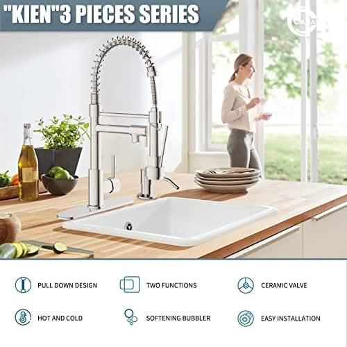 Kitchen Faucet with Soap Dispenser,Single Handle Faucet for Camper Farmhouse RV Kitchen Sink,Spring Kitchen Sink Faucets with Pull Down Sprayer and Deck Plate,Dual Function Spray Head,Brushed Nickel - color: B.Nickel Brushed, style: 1.Faucet+Soap Dispense
