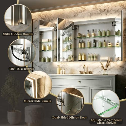 48x32 Lighted Medicine Cabinet, Separate Front & Back Lights | Surface/Recessed LED Medicine Cabinet for Bathroom with Side Mirrors, Dimmable Light, Anti-Fog, Memory,Silver Aluminum Frame - size: 48" x 32"